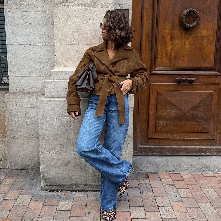 Brown Suede Belted Fall Jacket – Chic Wrap Style