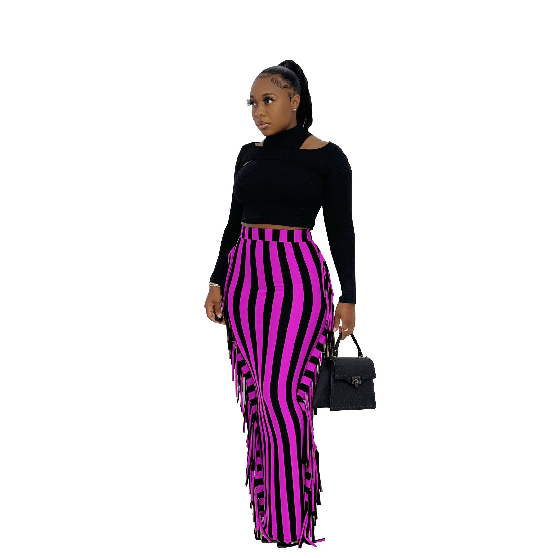 Stripe Fringe Maxi Skirts