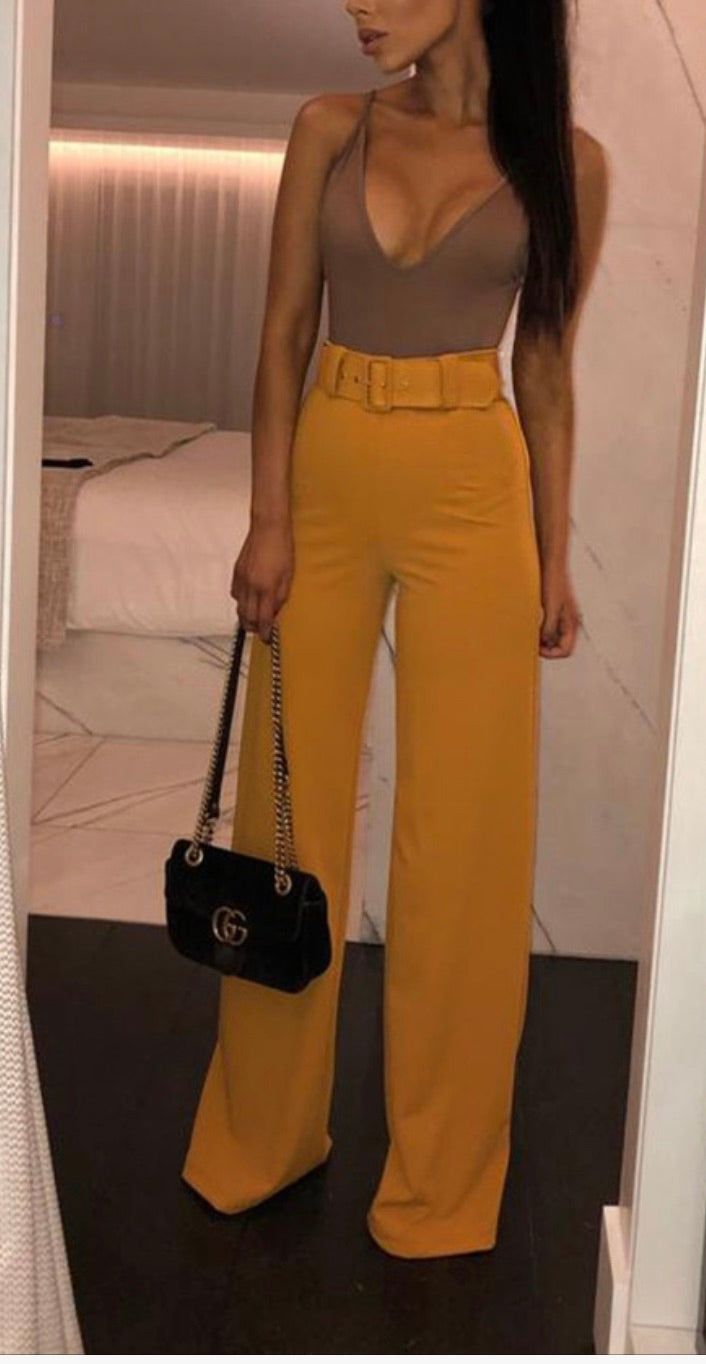 Casual Simple High Waist Wide Leg Pants With Belt.