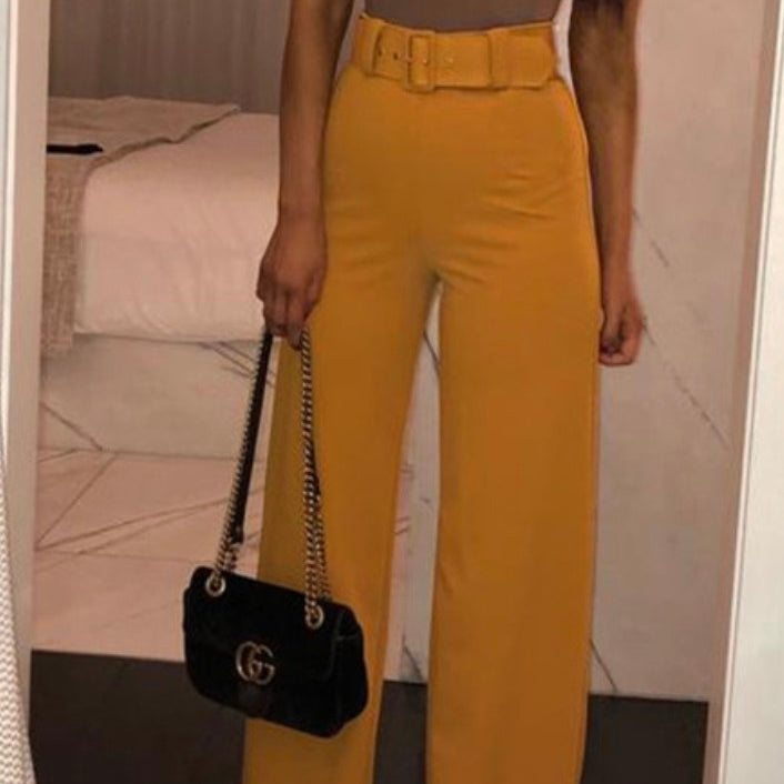 Casual Simple High Waist Wide Leg Pants With Belt.