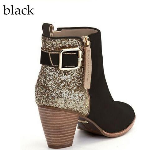 Women's Cuban Heel Glitter Round Toe Booties