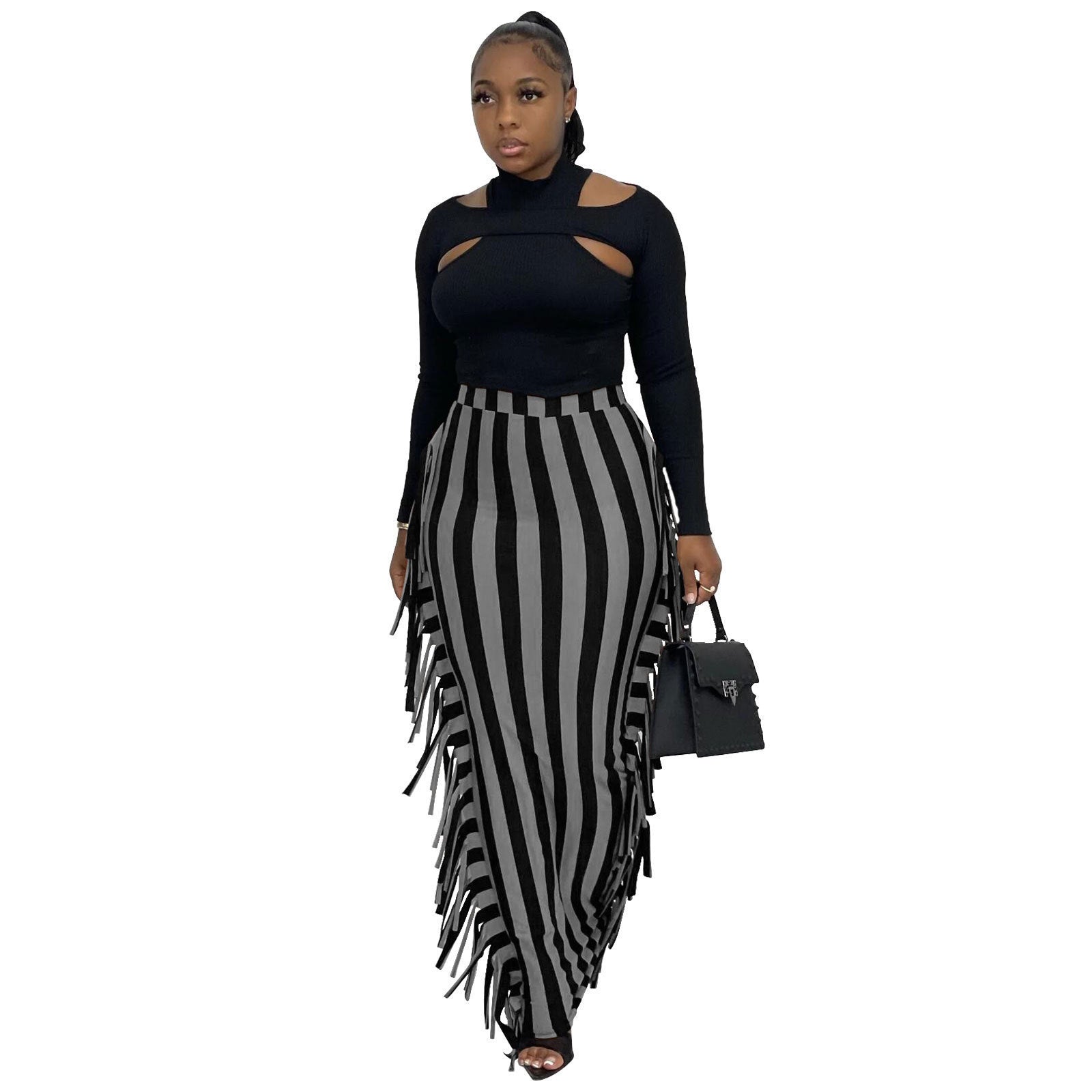 Stripe Fringe Maxi Skirts