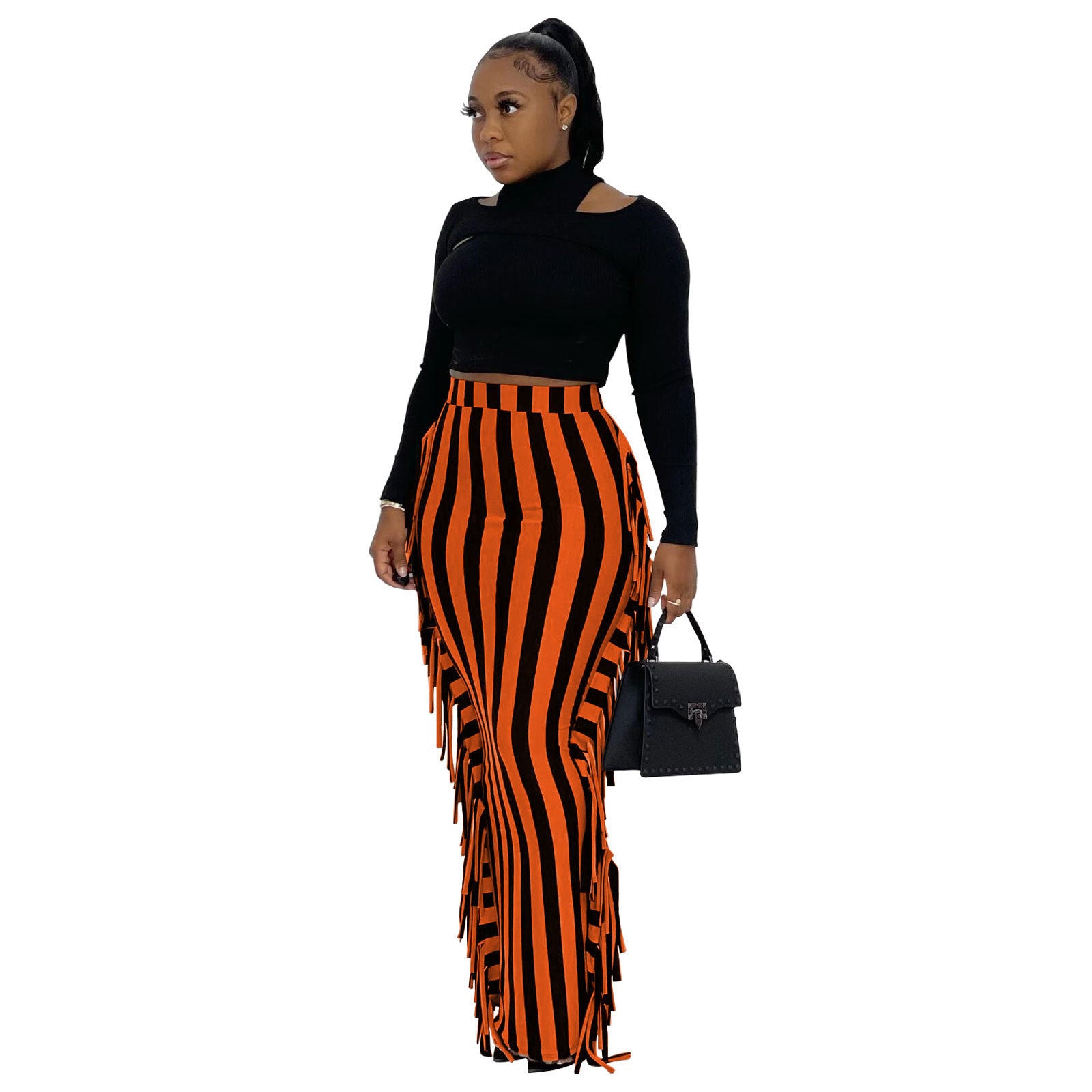 Stripe Fringe Maxi Skirts