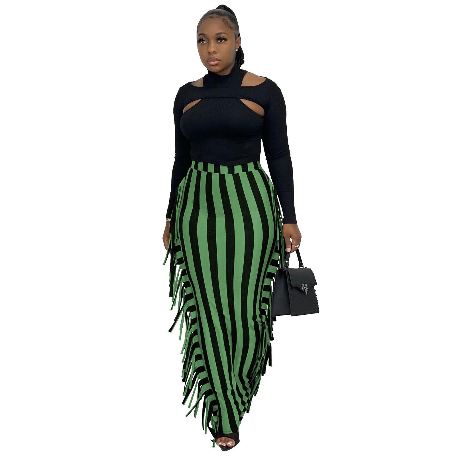 Stripe Fringe Maxi Skirts