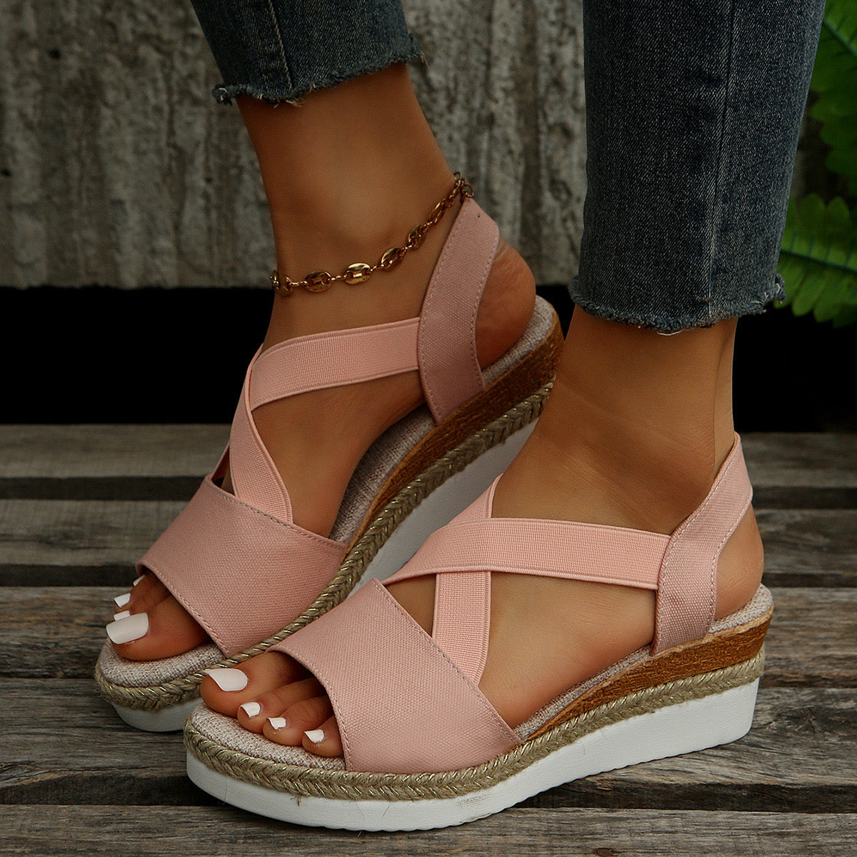 Cross-Strap Wedge Sandals