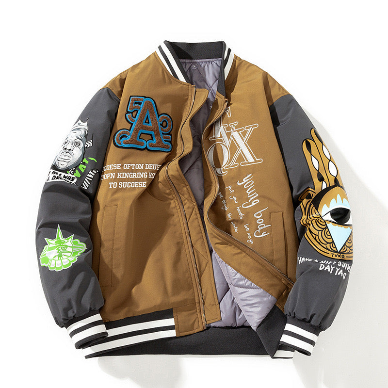 Men’s Street Style Cream Graphic Varsity Jacket