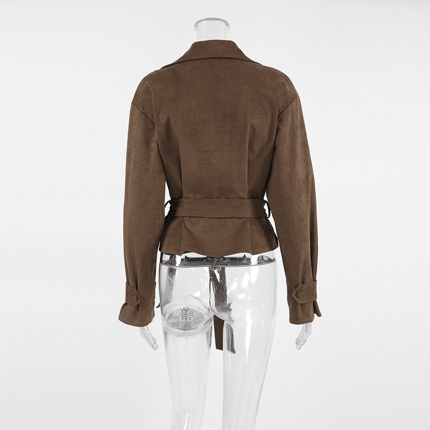 Brown Suede Belted Fall Jacket – Chic Wrap Style