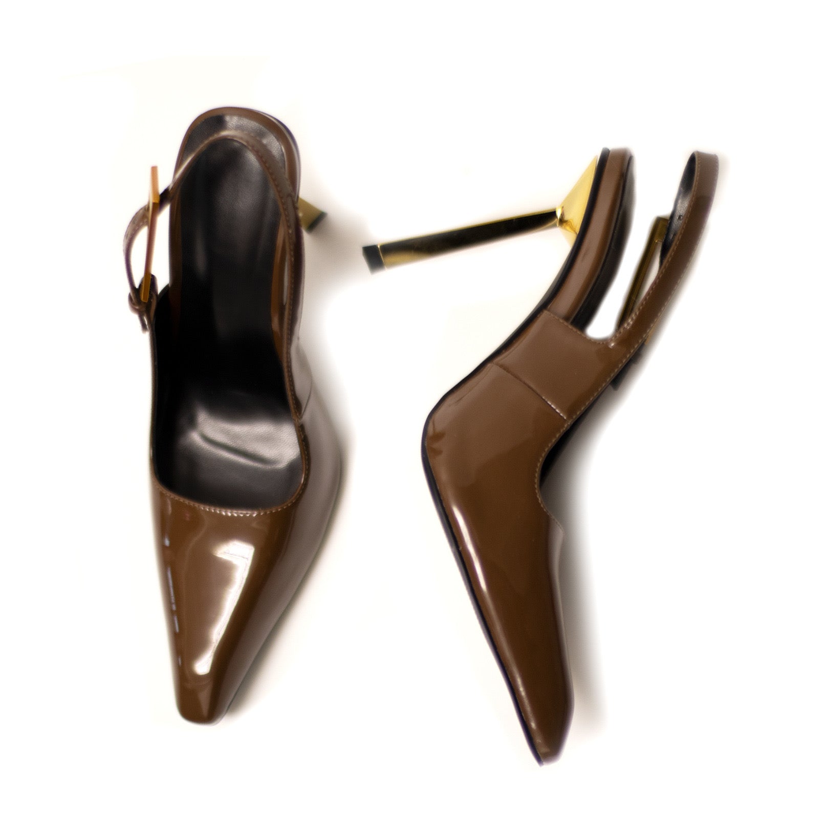 Elegant Slingback Stiletto Heels with Gold Geometric Heel – Timeless Luxury