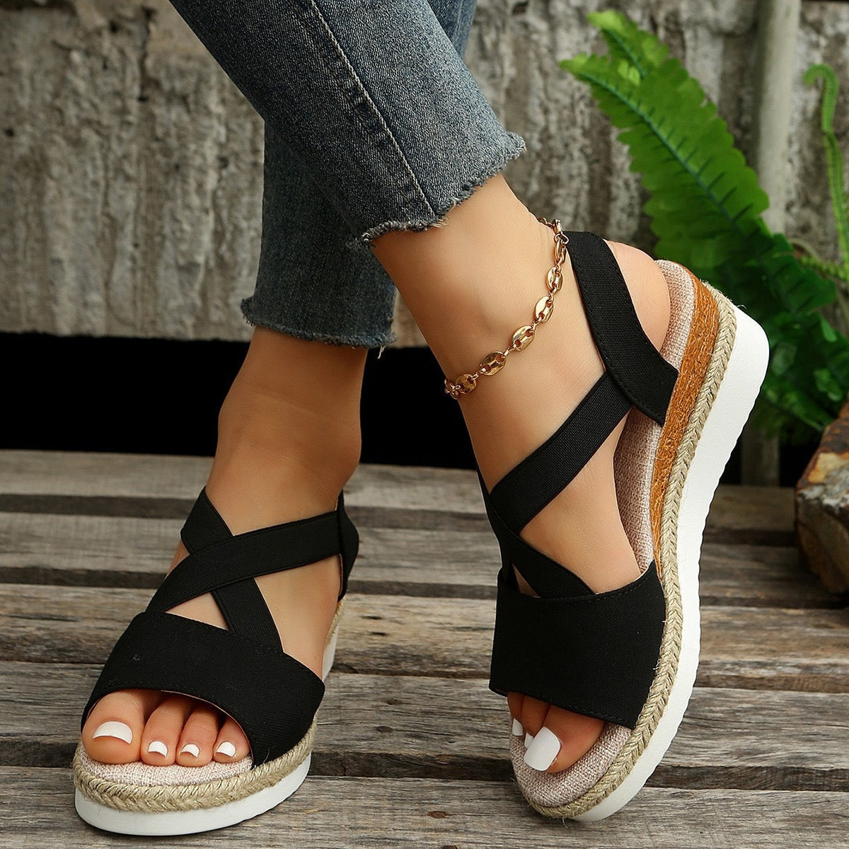 Cross-Strap Wedge Sandals