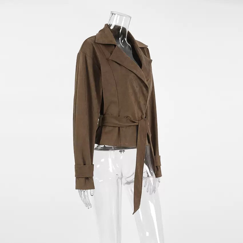 Brown Suede Belted Fall Jacket – Chic Wrap Style