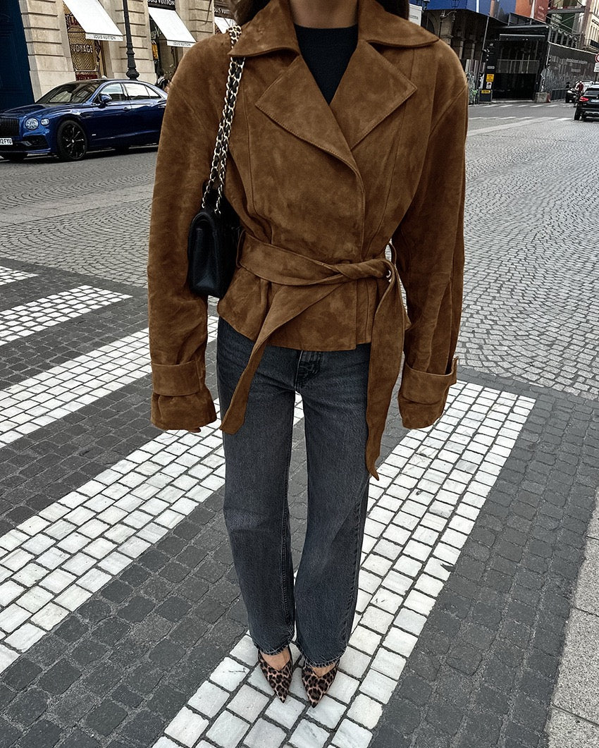 Brown Suede Belted Fall Jacket – Chic Wrap Style
