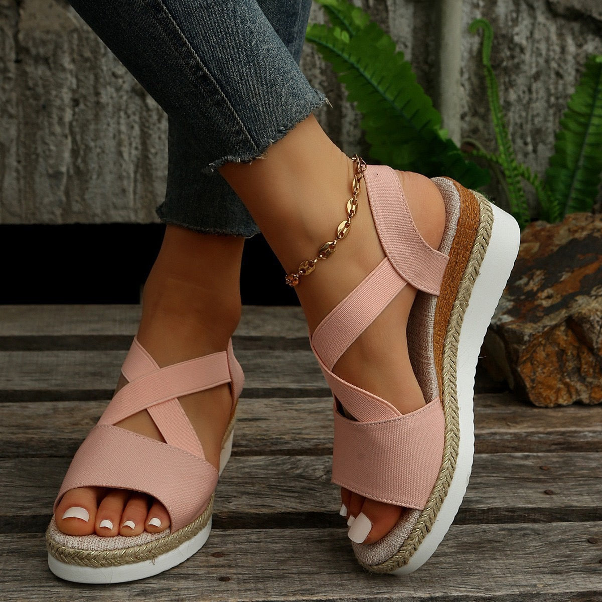 Cross-Strap Wedge Sandals