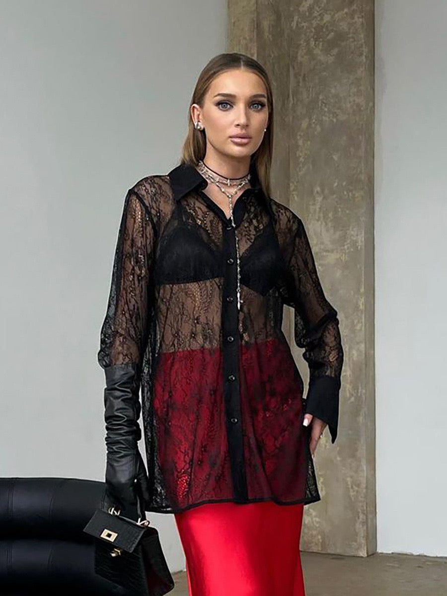 Sheer Lace Button-Up Shirt – Elegant, Feminine, and Statement-Making