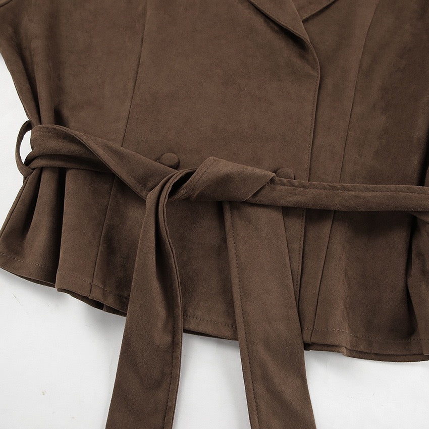 Brown Suede Belted Fall Jacket – Chic Wrap Style