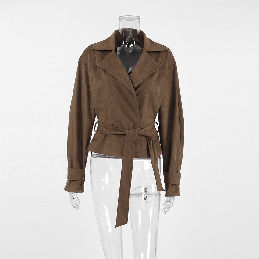 Brown Suede Belted Fall Jacket – Chic Wrap Style