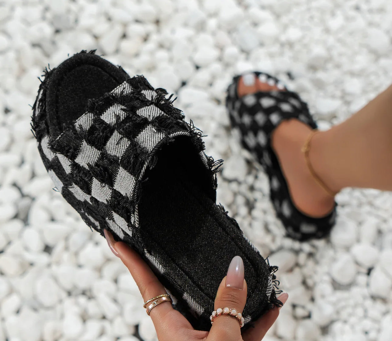 Checkered Jean Platform Sandals