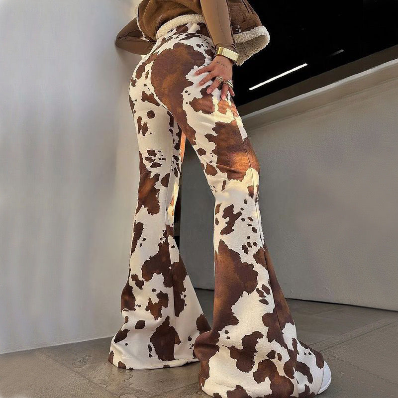 Cow Print Flare Pants – High Waist Wide Leg Streetwear Trousers