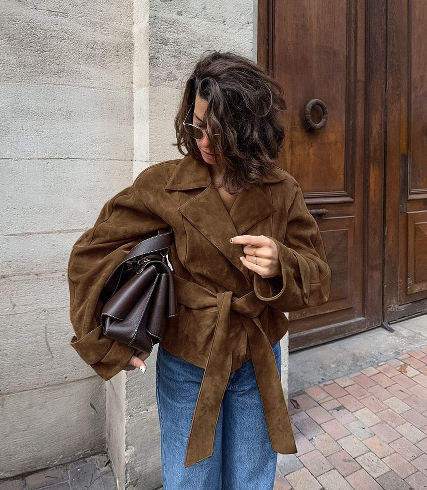 Brown Suede Belted Fall Jacket – Chic Wrap Style