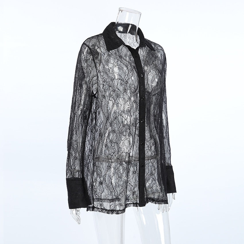 Sheer Lace Button-Up Shirt – Elegant, Feminine, and Statement-Making