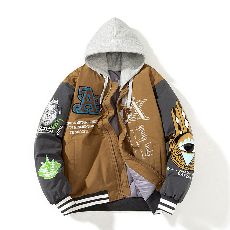 Men’s Street Style Cream Graphic Varsity Jacket