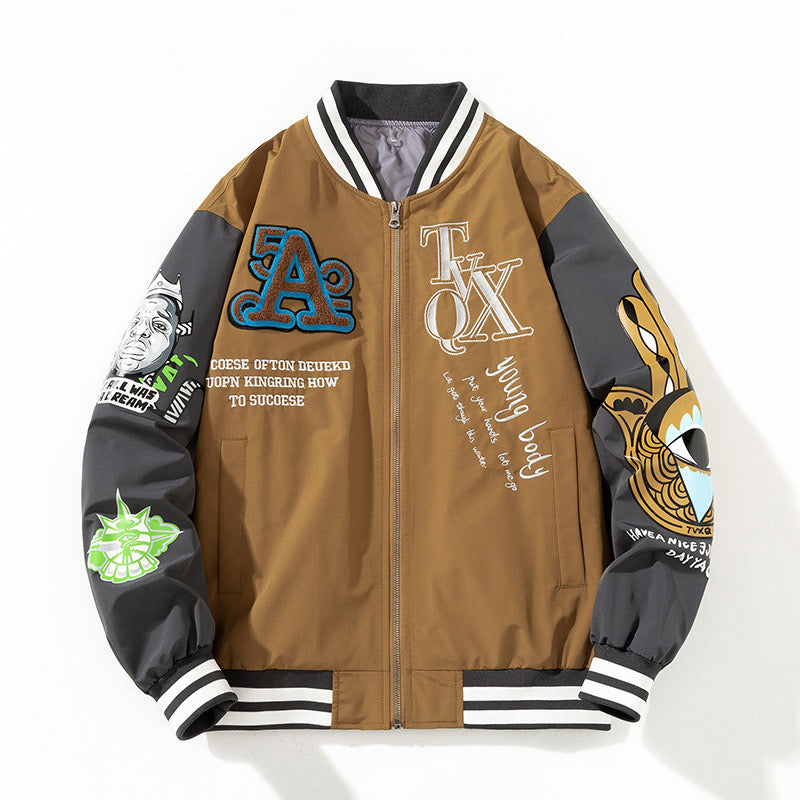 Men’s Street Style Cream Graphic Varsity Jacket