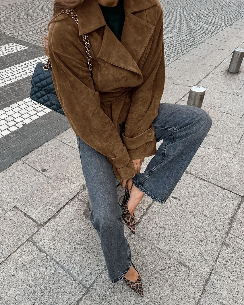 Brown Suede Belted Fall Jacket – Chic Wrap Style