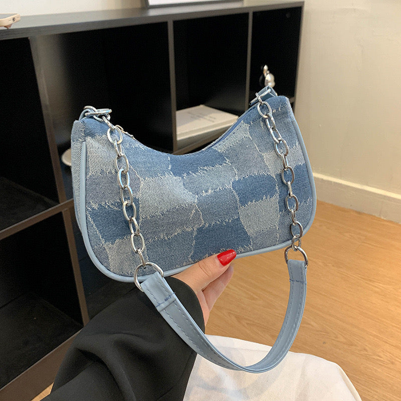 Denim Mosaic Chain Handbag