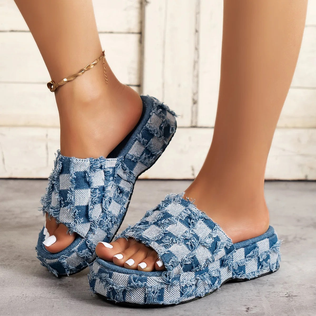 Checkered Jean Platform Sandals