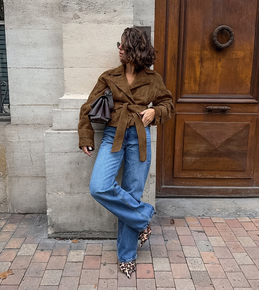 Brown Suede Belted Fall Jacket – Chic Wrap Style
