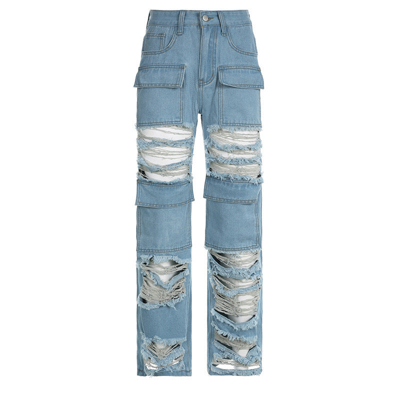 Edgy Distressed Oversized Pocket Jeans