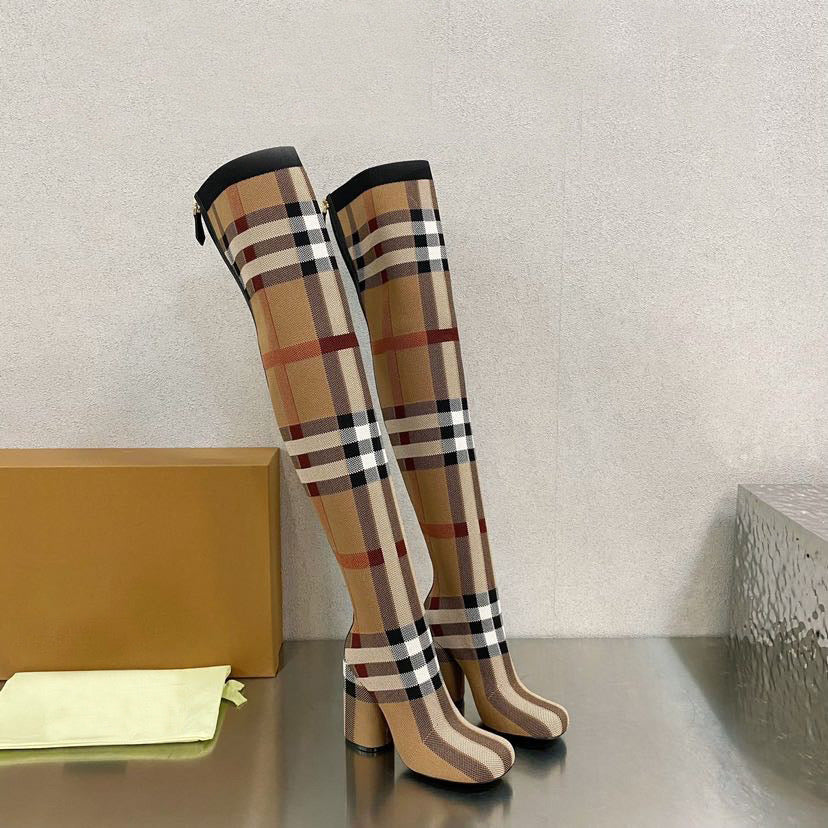 Plaid High Block Heel Boots – Thigh-High, and Mid-Calf Options