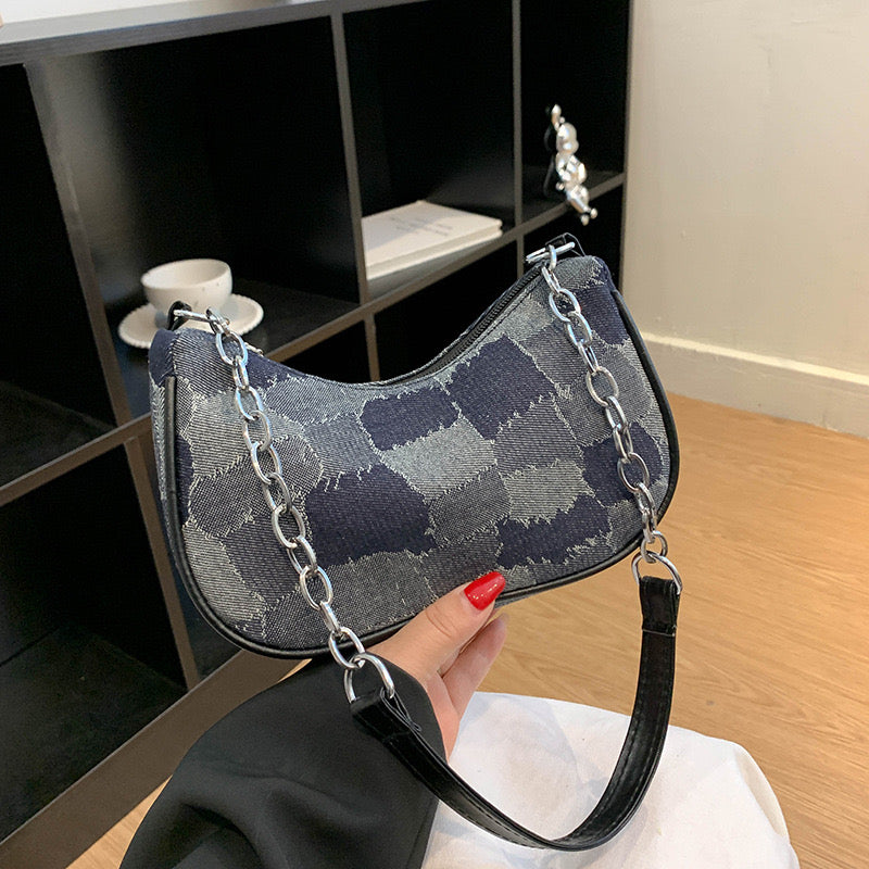 Denim Mosaic Chain Handbag