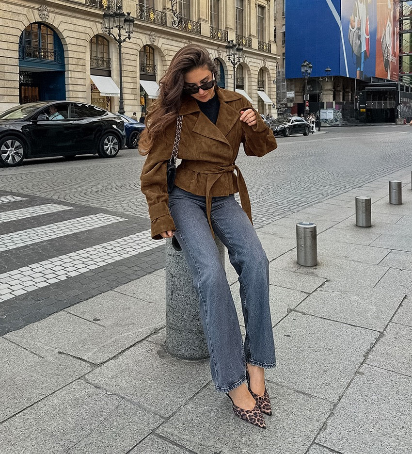 Brown Suede Belted Fall Jacket – Chic Wrap Style