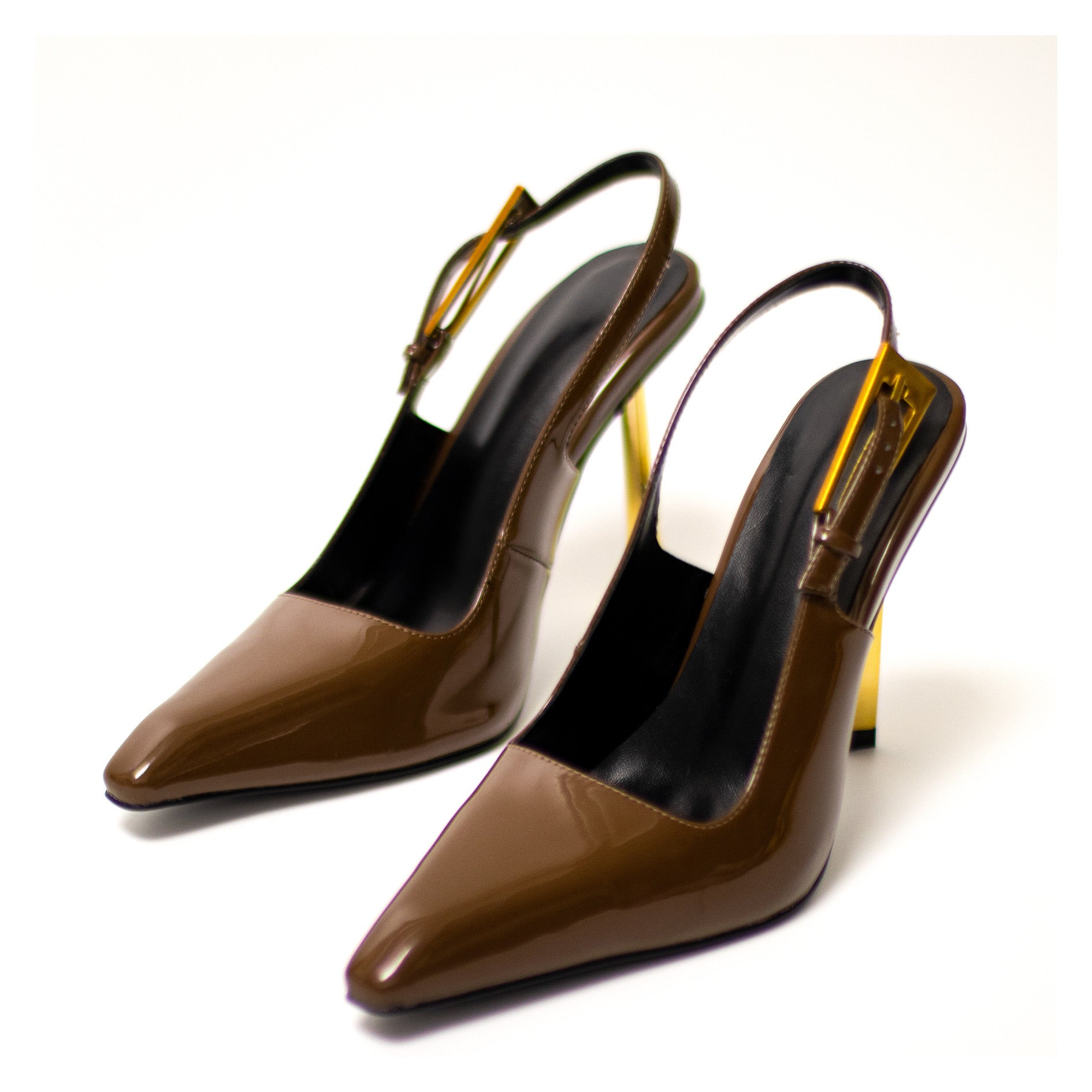 Elegant Slingback Stiletto Heels with Gold Geometric Heel – Timeless Luxury