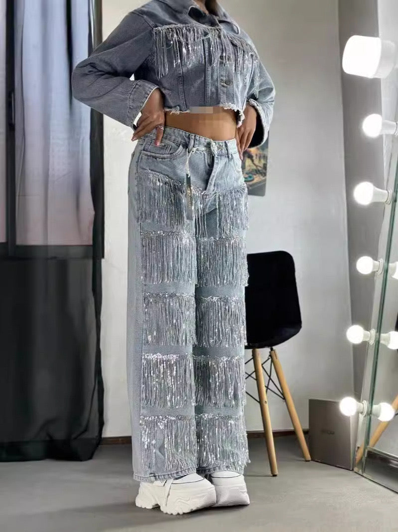 Sparkly Fringe Flare Jeans – Statement Sequin Denim for Bold Looks