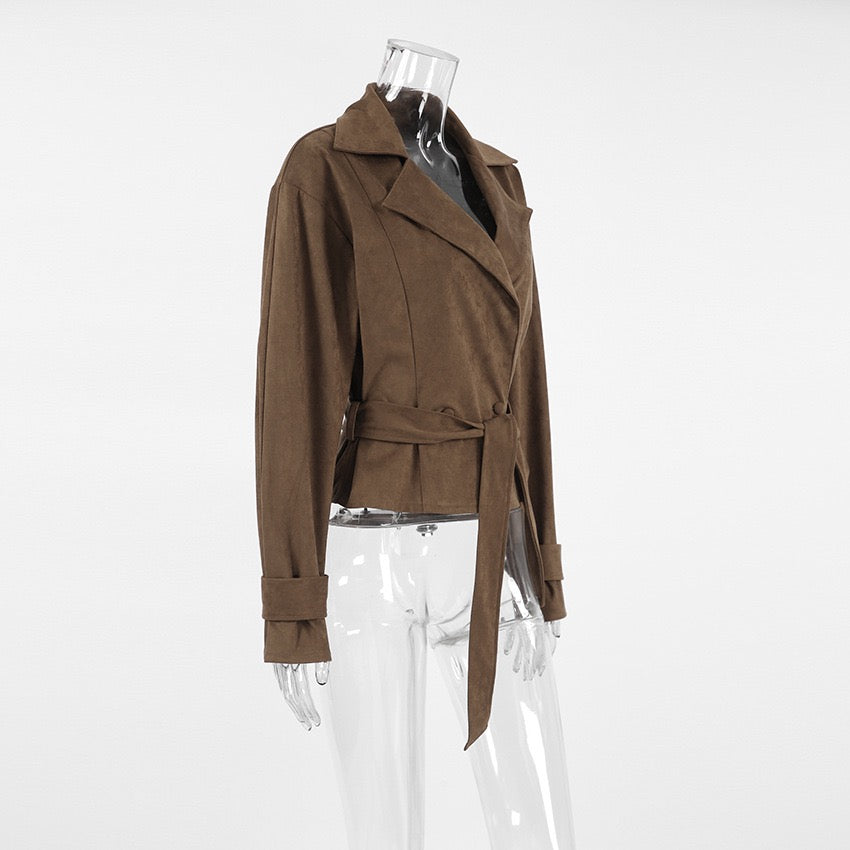 Brown Suede Belted Fall Jacket – Chic Wrap Style