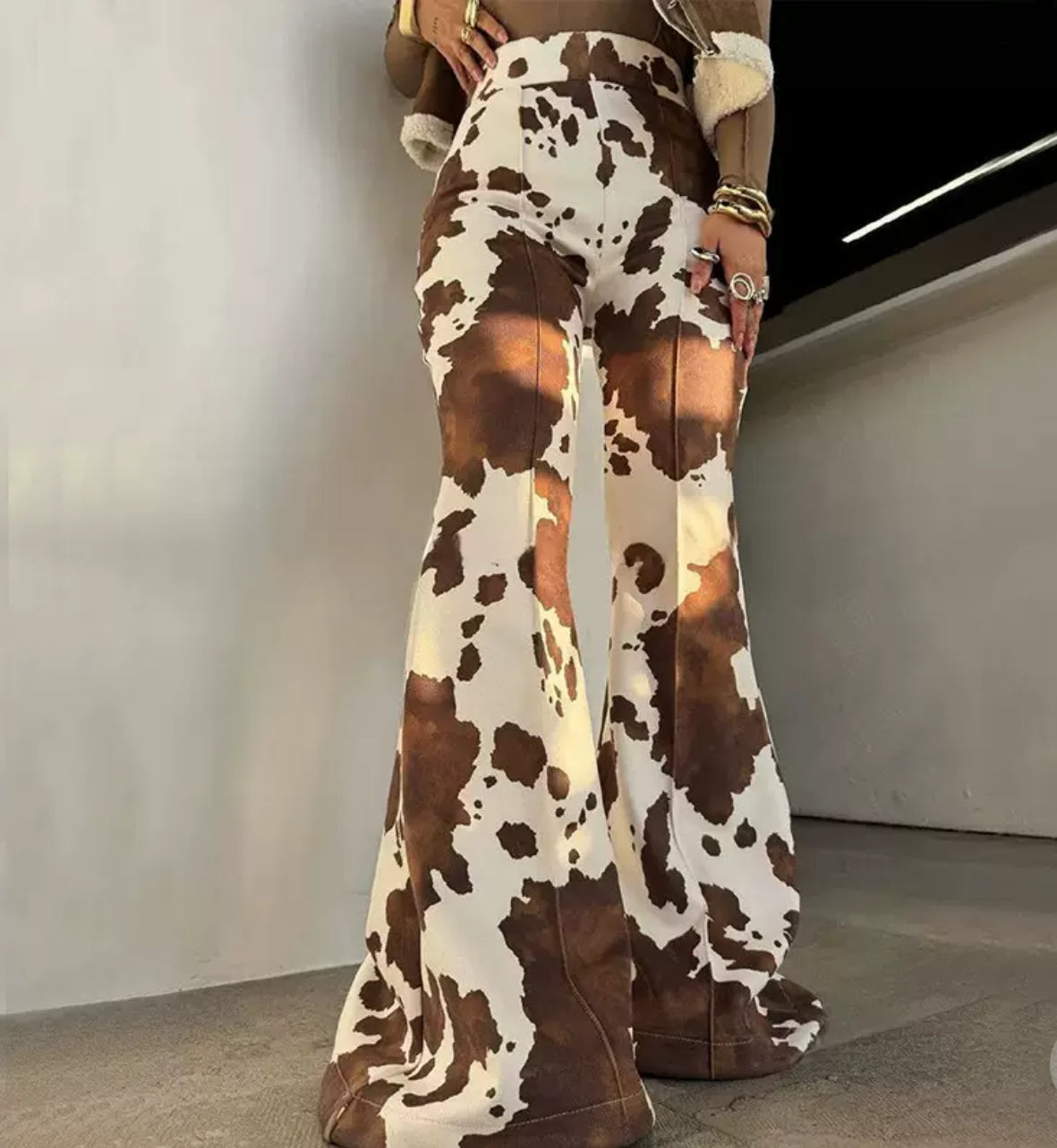 Cow Print Flare Pants – High Waist Wide Leg Streetwear Trousers