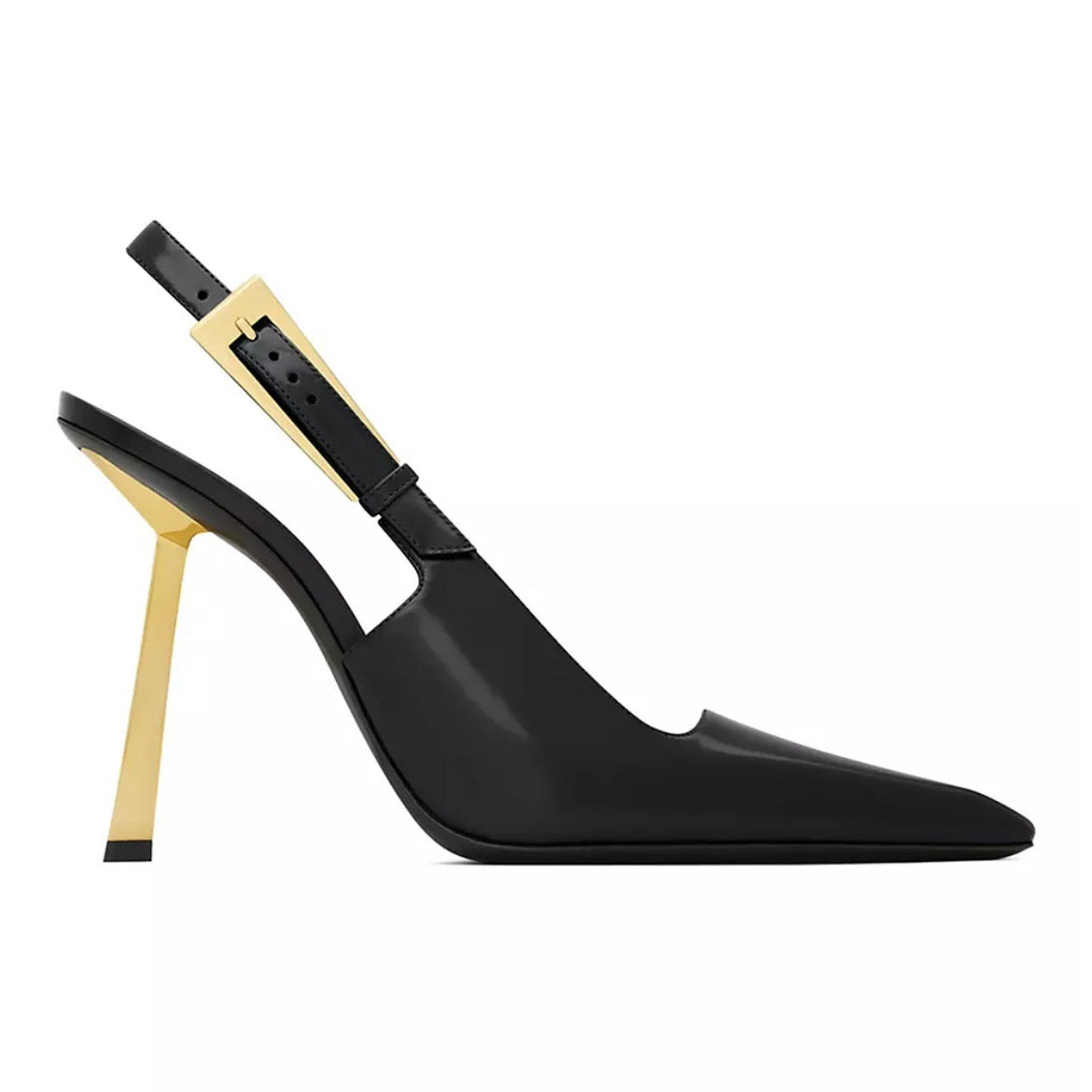 Elegant Slingback Stiletto Heels with Gold Geometric Heel – Timeless Luxury