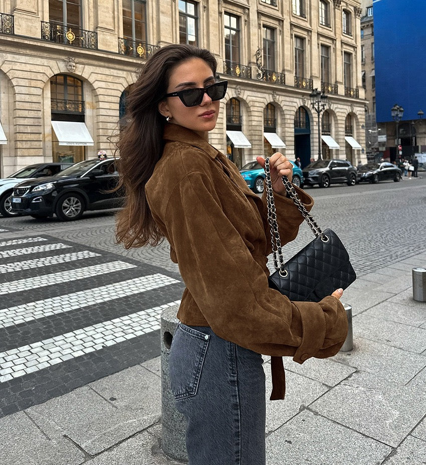 Brown Suede Belted Fall Jacket – Chic Wrap Style