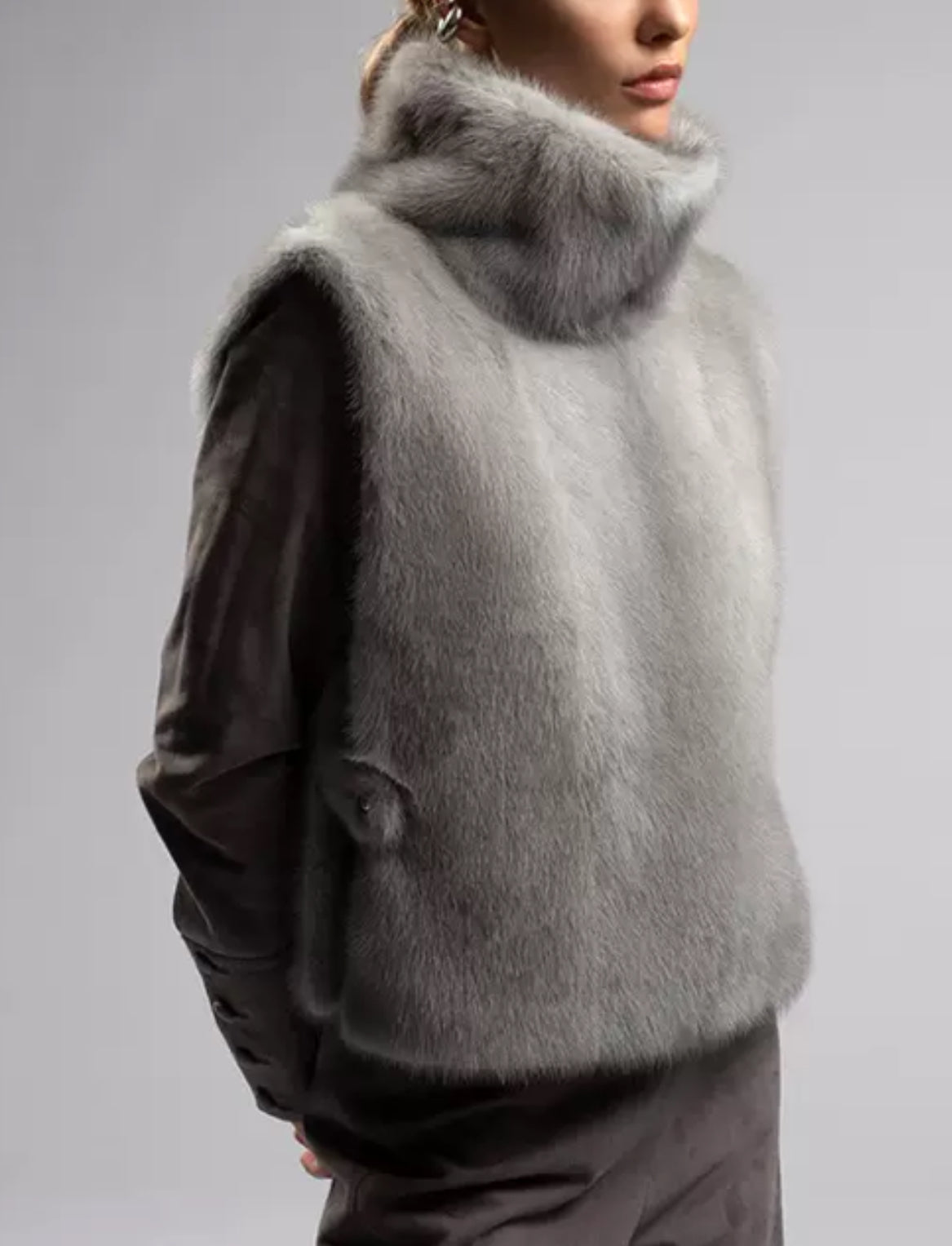 Lux Faux Fur High-Neck Vest — Soft Gray Elegance