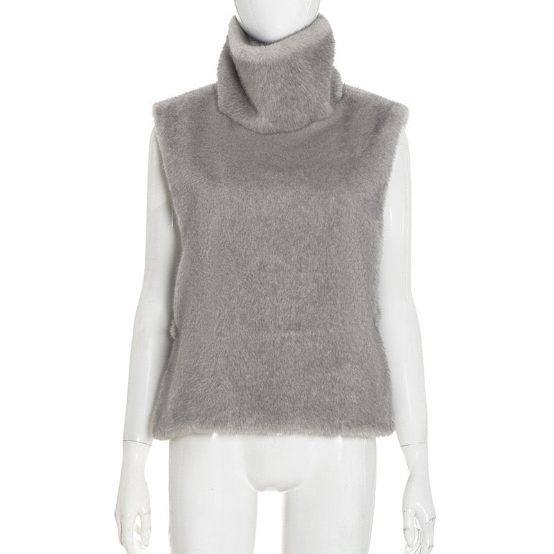 Lux Faux Fur High-Neck Vest — Soft Gray Elegance
