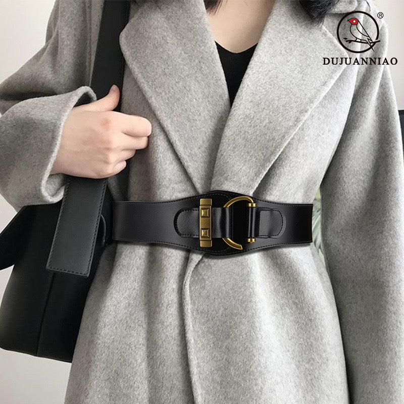 Luxe Wide Waist Belt with Gold Buckle Accent