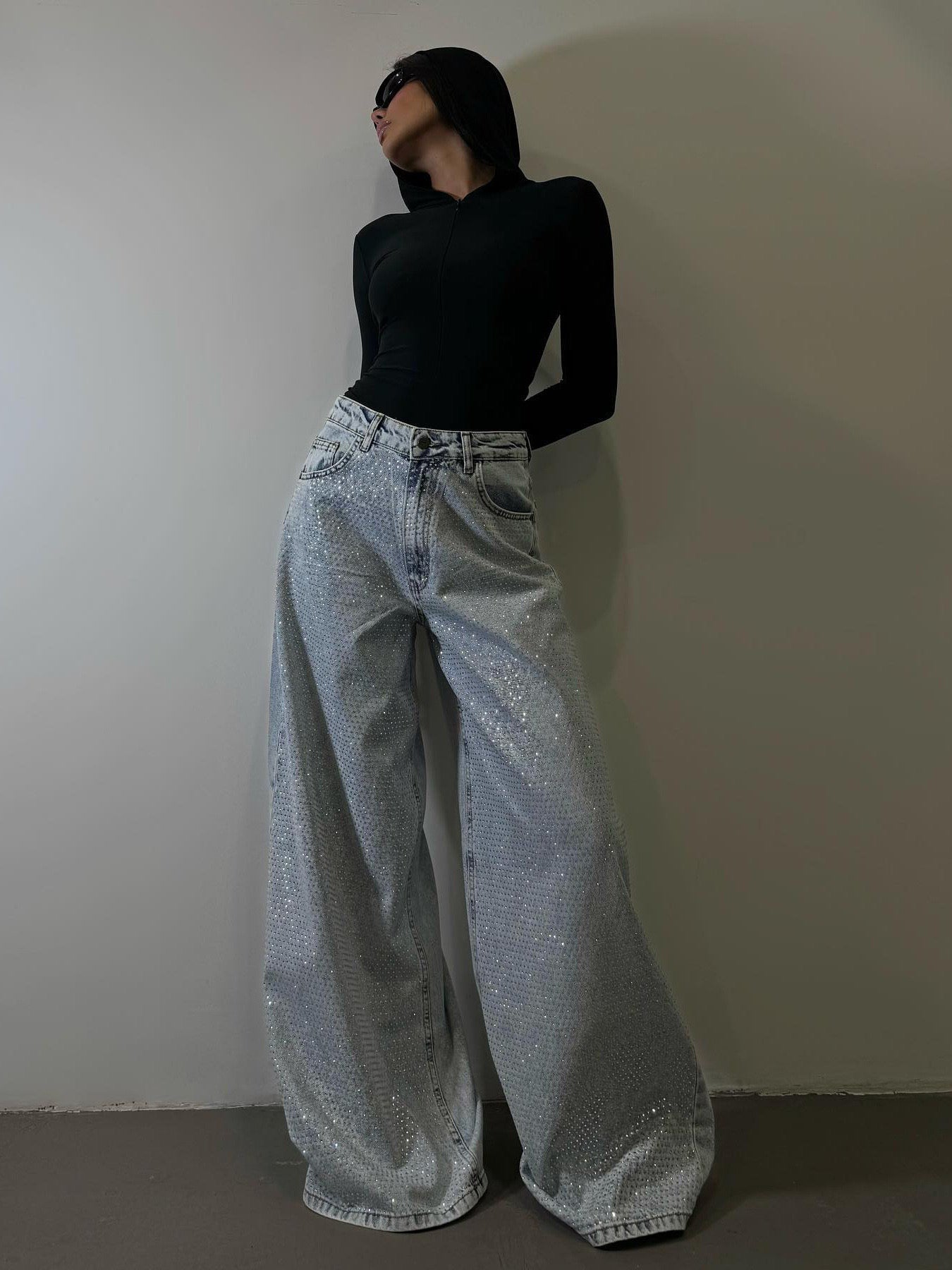 Shimmer Wide-Leg Oversized Glitter Jeans