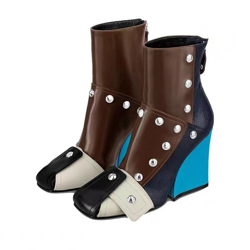 Modern Rivet Wedge Ankle Boots – Unique Multicolor Statement Design