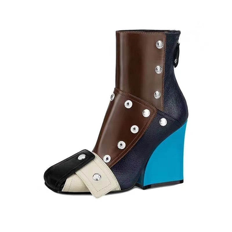 Modern Rivet Wedge Ankle Boots – Unique Multicolor Statement Design