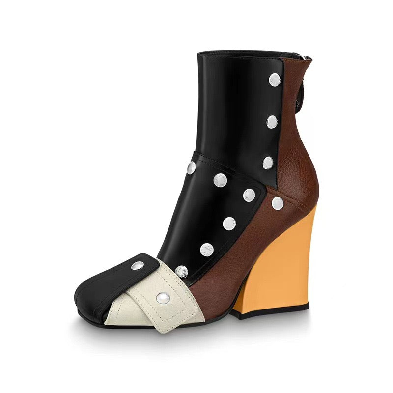 Modern Rivet Wedge Ankle Boots – Unique Multicolor Statement Design