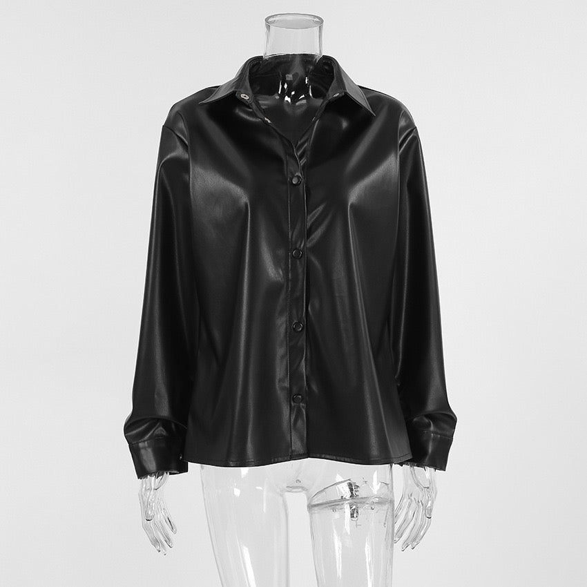 Faux Leather Button-Up Shirt – Sleek, Edgy, and Versatile