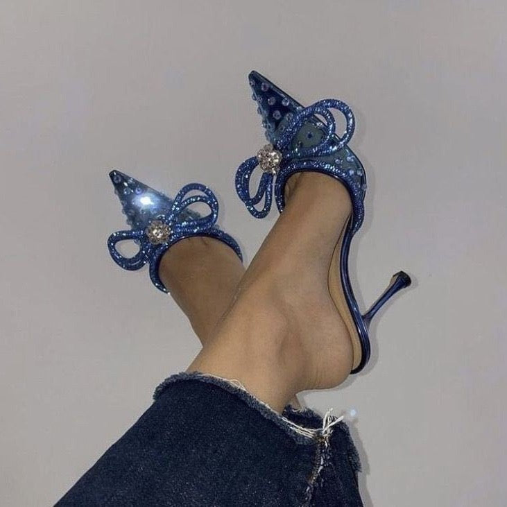 Rhinestone Bow-Embellished Pointed-Toe Heels