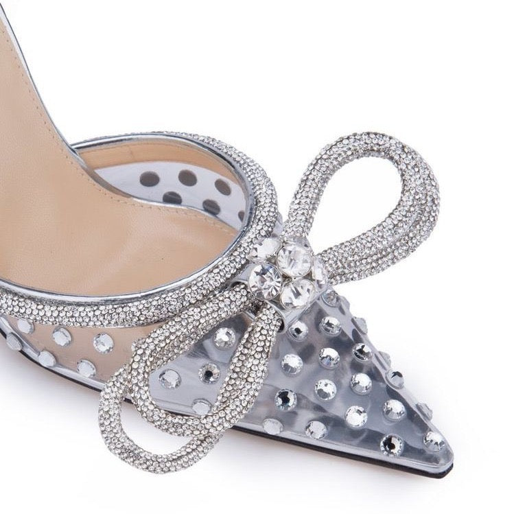 Rhinestone Bow-Embellished Pointed-Toe Heels