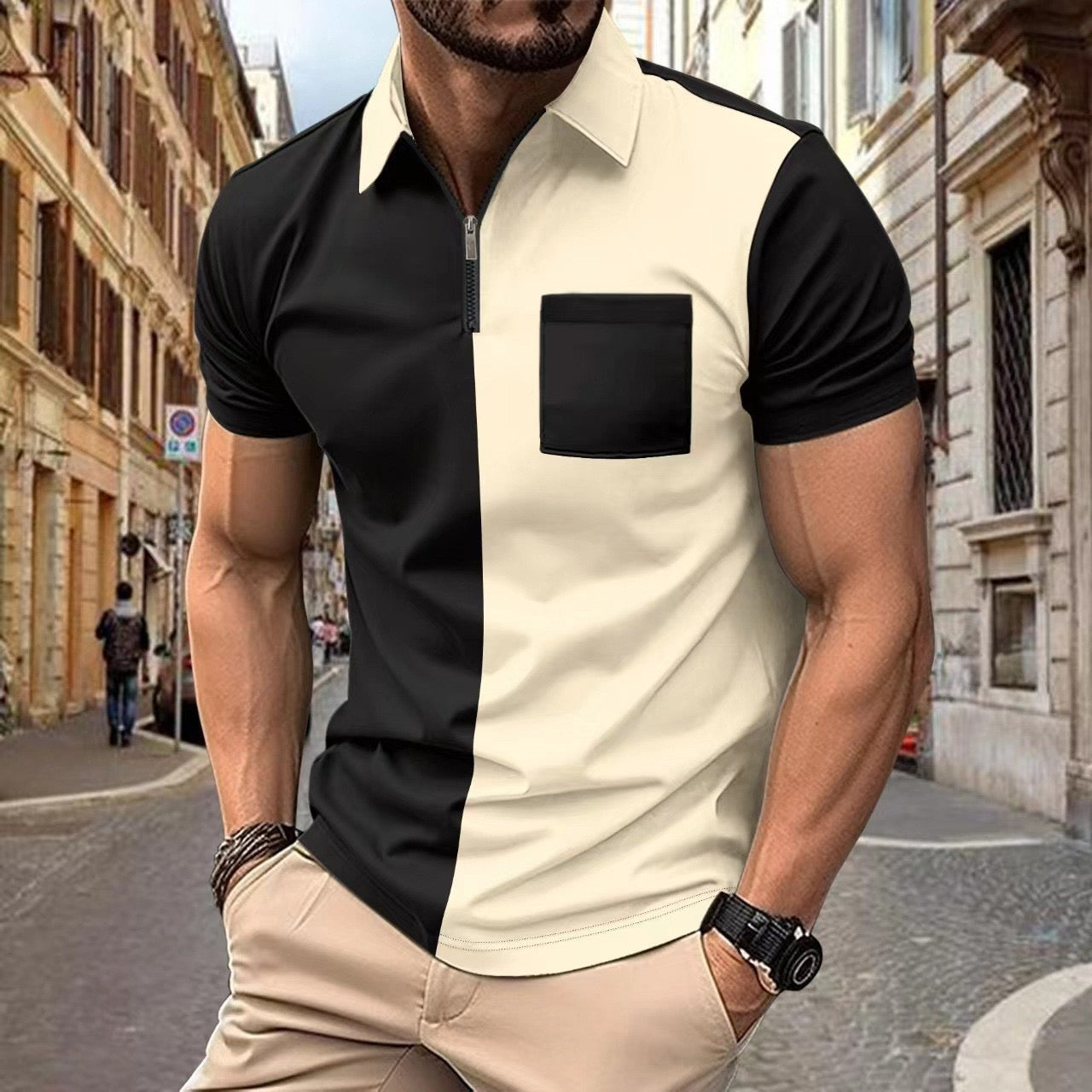 Men’s Color Block Polo Shirt with Zipper Collar